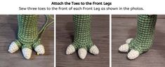 three pictures of legs with crocheted feet and one showing the lower part of the leg