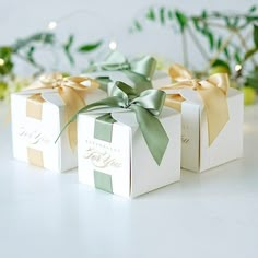 three white boxes with green and gold ribbons tied around the top one box has a name on it