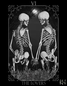 two skeletons standing next to each other in front of a black and white background with the words, the lovers