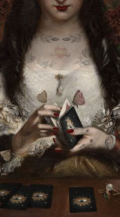 a painting of a woman with tattoos holding cards