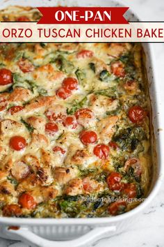 one - pan orzo tuscann chicken bake with tomatoes and spinach