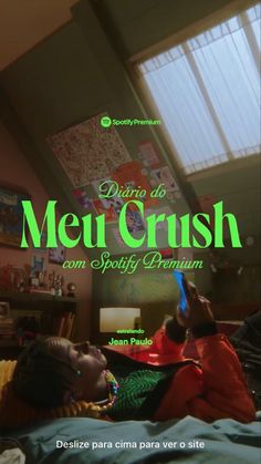 a woman laying on top of a bed next to a window with the words dirty do't crush com spotify premium