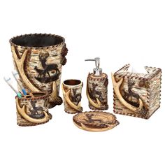 the bathroom accessories is made out of wood and has an animal head design on it