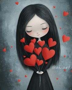 a painting of a girl holding red hearts