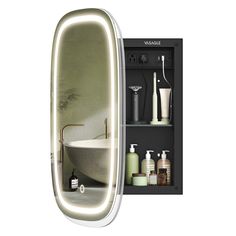 a bathroom mirror that is next to a bathtub and shelf with soaps on it