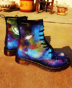 Lace Up Leather Biker Boots in Galaxy Printawes. The change color in the light..... Awesome Combat Boots Colorful, Crazy Horse Doc Martens, Doc Martens Colorful, Rainbow Doc Martens, Multicolor Lace-up Platform Boots, Leather Biker Boots, Galaxy Print, Ann Demeulemeester