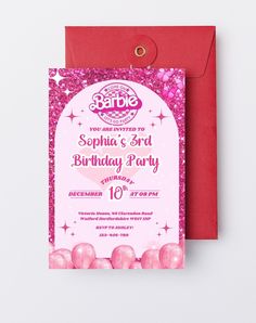 a pink and red birthday party card