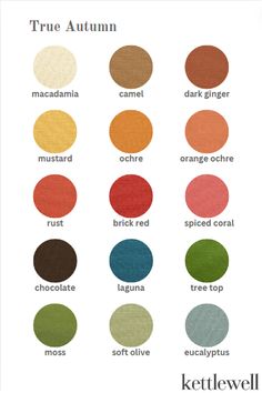 the color palette for true autumn is shown in different shades and colors, including red, orange