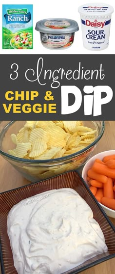 the ingredients for dip are in bowls, carrots and chips