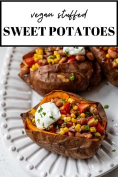 baked sweet potatoes on a white plate with text overlay that reads vegan stuffed sweet potatoes