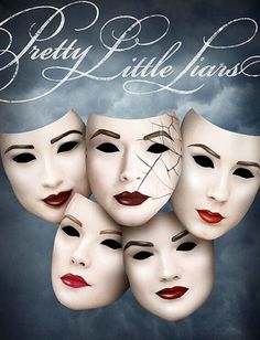 five white masks with red lips and black eyebrows are arranged in the shape of faces