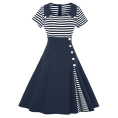 Striped Buttoned Dress - Purplish Blue - 3O28290417 - Women's Clothing, Dresses, Casual Dresses  #CasualDresses #Women's #Clothing # #Dresses # #Casual #Dresses Striped Dress Summer, Pin Up Dresses, 1940s Dresses, Retro Clothing, فستان سهرة, Midi Short Sleeve Dress, Flattering Dresses, White Striped Dress, Mode Vintage