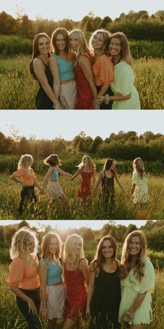 four girls are posing together in the grass and one girl is holding her arms out