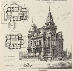 an old drawing of a large building with lots of windows and turrets on the top floor