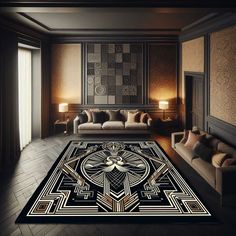 a living room with an art deco rug on the floor