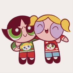 the powerpuff girls wallpaper with two cartoon characters, one is hugging another