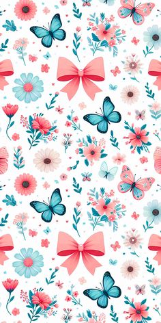 a white background with pink and blue flowers, butterflies and leaves on the bottom right corner