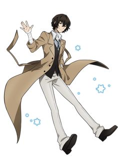 an anime character is flying through the air with his coat over his shoulders and shoes on