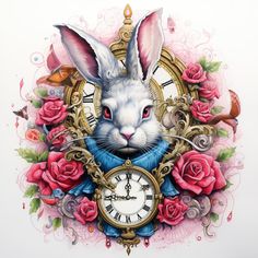 a drawing of a clock with a rabbit on it's face and roses around the clock