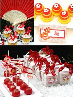 red and yellow desserts, cupcakes, and fan are on display at a chinese themed birthday party