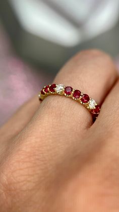 DETAILS: * Handmade item * Gemstone: Ruby, Natural Diamond * Gem color: Red * Band color: Yellow Gold (may vary on gold selection) * Condition: Never been Used; Made to order, Recycled Metal, Conflict-free 100% DESCRIPTION: 💎 Welcome to the Our Shop, Congratulations🍾 on discovering us. 💎 You'll be amazed at the beauty and delicate craftsmanship of this ring. This custom 18-karat gold stacking eternity ring features alternating 3 round rubies sitting side-by-side with one white diamond in a sh Elegant Ruby Ring, Ruby And Sapphire Rings, Ruby Diamond Eternity Band, Ruby And Diamond Eternity Ring, Diamond And Ruby Rings, Diamond Ruby Ring, Fine Jewelry Red Diamond Gemstones, Red Diamond Fine Jewelry Gemstones, Luxury Ruby Eternity Band As A Gift