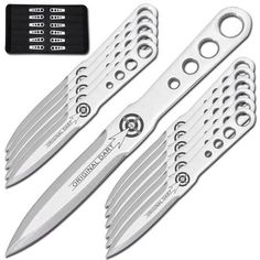 four swiss army knifes with black handles and knives in the middle one is open