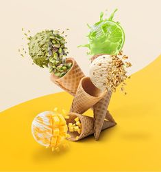 an ice cream cone with green and yellow toppings in it, on a yellow background