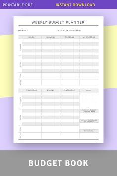 the printable weekly budget planner is shown in purple and yellow with text overlay