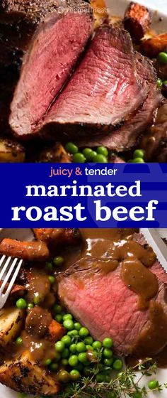 a close up of food on a plate with a fork and text overlay that reads, marinated roast beef