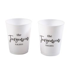 two white cups sitting side by side on top of each other with the words, the pageant