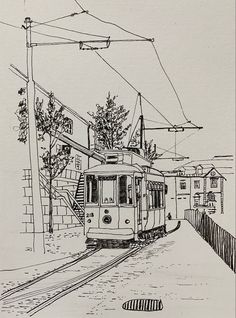 a black and white drawing of a train coming down the tracks