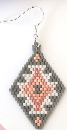 the beaded earrings are designed to look like an origami diamond with pink and gray accents