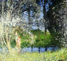 a painting of a woman walking in the grass next to a river and trees with white flowers on them