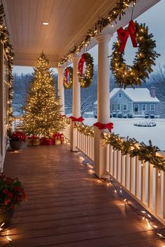 a porch decorated for christmas with wreaths and lights