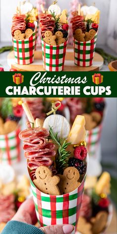 christmas charcuterie cups with pretzels, crackers and other treats in them