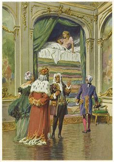 an old fashion illustration shows people standing in front of a bed with a baby on it