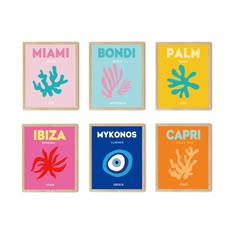 six posters with different types of plants and animals on them, all in different colors