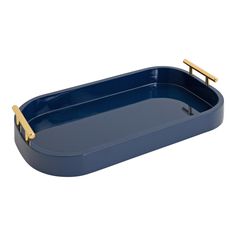 an empty blue tray with gold handles