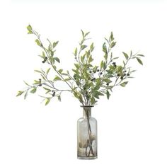 a glass vase filled with water and greenery