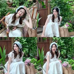 four pictures of a woman sitting on a chair with flowers in her hair and wearing a white dress