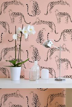 a pink wall with black and white giraffes painted on it, next to a potted plant