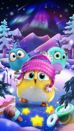 an image of two birds in the snow with stars on their heads and one bird wearing a pink hat