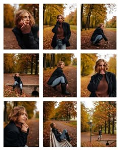 a woman sitting on top of a wooden bench in a park next to trees and leaves