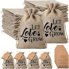 burlap bags with labels and tags for let love grow