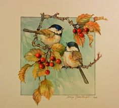 two birds sitting on top of a branch with berries and leaves around their necks, painted in watercolor