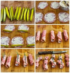 the process of making appetizers is shown in several different pictures, including pickles and ham wrapped in plastic wrappers