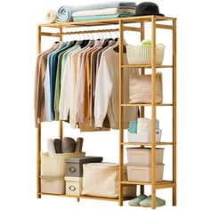 an open closet with clothes and baskets on it