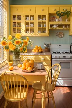 a kitchen with yellow cabinets and sunflowers on the table in front of it