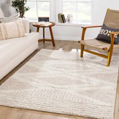 a living room filled with furniture and a white rug