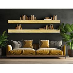 a living room filled with furniture and bookshelves next to a potted plant